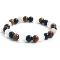 Armband aus Mondstein und Tigerauge Naturstein mit glänzenden schwarzen und weißen Perlen - Gelbes Tigerauge + Weiße Jade + Obsidian