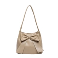 Minimalist beige PU leather tote bag featuring a large bow and slim shoulder strap - Khaki