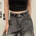 Women's slim black leather belt featuring a silver metal Saturn orb buckle on denim - 100cm / Black Silver Saturn Buckle Style (K0169B)