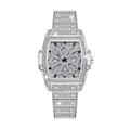 Tonneau-shaped silver luxury watch for women with full crystal setting and black markers - Silver