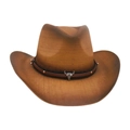 Brown woven western cowboy hat featuring a silver bull skull metal ornament on the band - One Size / Khaki Brown (Small Bull Head)