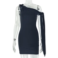 Detail of black one-shoulder mini dress with elegant side sash and ruched bodycon fit - S / Black