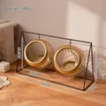 Modern 2-tier black metal storage rack with hanging golden mesh fruit baskets - 2 Gold Baskets + Double Stand
