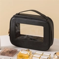 Borsa per cosmetici in pelle PU Saffiano nera con grande finestra in PVC e manico - Nero
