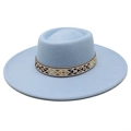 Detailed view of sky blue wool felt hat with ethnic style woven patterned band decoration - M (56-58cm) / Sky Blue