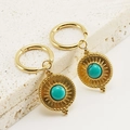 Boucles d'oreilles créoles en acier doré 18K avec pendentif soleil et turquoise - Style de Disque Turquoise Rayon de Soleil (478)