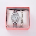 Close-up of silver diamond watch and tennis bracelet set in a pink gift box - Style 15 + Bracelet + Box