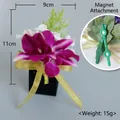 Purple faux orchid boutonniere with gold ribbon and magnetic fastener 11x9cm - Purple Orchid Gold Ribbon (Style 4) - Magnetic Fixation