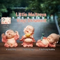 Three cute little Maitreya Buddha vinyl figurines in various poses on wooden surface - 1222-2 Medium Buddha Set (Set of 3)