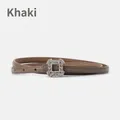 Slim khaki genuine leather belt for women featuring a sparkling rectangular rhinestone buckle - Khaki