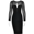 Abito midi nero a maniche lunghe con inserto in rete e profonda scollatura a V sexy - S / Nero