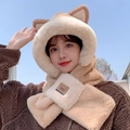 Winter plush hood scarf with cat ears in beige and khaki color block design - Khaki - [Pointy Plain]