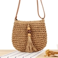 Sac bandoulière en papier tissé marron clair avec sangle en PU et pompon sur bois - Camel