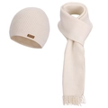 Winter 2-piece knit set featuring a cream white beanie hat and matching tassel scarf - Beige (2-Piece Set)