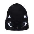 Black knit cat beanie for women featuring 3D holographic ears and cute facial embroidery - 56-60cm (Adjustable) / Black