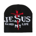 Schwarze Wintermütze mit rotem Kreuz-Jacquard und Jesus Saved My Life Stricktext - M (56-58cm) / Schwarz