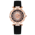 Detail of rose gold barrel dial with rotating rhinestone flower and black strap - Floral Art Dial Watch / Black
