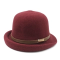 Fashionable dark red knit bucket hat with brown leather band and gold buckle detail - M (56-58cm) / Burgundy