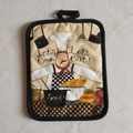 Chef themed beige cotton thick pot holder with black trim and hanging loop for baking - Chef