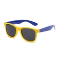 Kids sports sunglasses featuring a vibrant yellow frame and blue contrast temples - Yellow Frame Blue Temple/Grey Lens