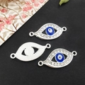 Silver evil eye connectors with blue enamel and rhinestones for DIY jewelry making - Bright Silver Evil Eye 12x17mm