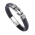 Mens punk woven black leather bracelet with silver steel infinity knot and magnetic clasp - 21cm / Black
