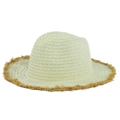 Close-up of beige straw sun hat featuring brown fringed edges and spiral weave pattern - Plain / Milky White Plain