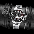 Elegant Geneva men's steel watch set with four fashion bracelets on black background - 5-Piece Set (1 Watch + 4 Bracelets) / Silver Black + Life Tree Set
