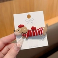 Detail of dachshund hair clip with red beret and striped sweater in hand close-up - Red and Brown Stripes (Red White Stripe Sweater)