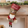 Christmas stocking with Santa Claus doll decoration and green patterned fabric - Retro Long Leg Santa Stocking