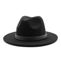 Classic black wide brim fedora hat in wool felt with gray belt and gold metal stud - M (56-58cm) / Black