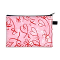 Pink cosmetic bag with red abstract heart patterns and black zipper closure - Heart Flutters