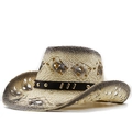 Dettaglio di cappello da cowboy in paglia intrecciata con fascia borchiata e sfumatura - Beige-Nero