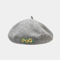Close-up of three sunflower embroidery details on a gray wool beret hat for women - One Size / Gray