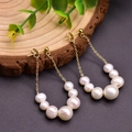 Elegant 925 silver long drop pearl earrings with gold chain and gradient pearl design - Pearl Dangle Hoop Earrings