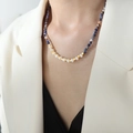 Blue natural stone and freshwater pearl beaded titanium necklace shown on a model - P1743-Blue Natural Stone Necklace-40+5cm / Gold/Blue/White