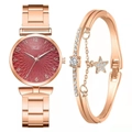 Detail of rose gold women's watch and matching star bracelet set on white background - Watch + Bracelet Set / Red