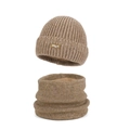 Winter warm knitted beanie and scarf set in camel color with thick fleece lining - Two-Piece Set / Khaki