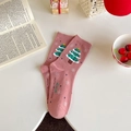 Pink mid-calf Christmas socks featuring green embroidered trees and HO HO HO text details - One Size / Pink - Christmas Tree