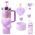 Purple Stanley cup accessories set with heart plush pompom, straw cover, and silicone boot - Purple