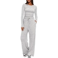 Detail of grey knit long-sleeved top and wide-leg pants set with drawstring waist - M / Light Gray