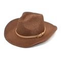 Detail der Webstruktur des dunkelbraunen Stroh-Cowboyhuts mit Lederband und Metallschnalle - M (56-58cm) / Kaffeebraun