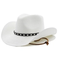 White woven bohemian cowboy hat with black studded band and brown chin strap - M(56-58cm) / Pure White