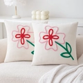 Set of 2 cream velvet pillow covers with pink floral embroidery for sofa decor - Pink Floral