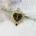 Golden heart pendant with red enamel butterfly design and black gemstone drop detail - 18-Gold Red Black Butterfly Heart