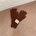 Brown wool knitted five-finger gloves for winter warmth with white fabric label detail - One Size / Coffee