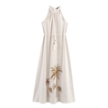 Abito midi beige allacciato al collo con ricamo di palme e cintura in corda con nappe - XS / Colore Lino Naturale