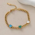Elegant gold Cuban chain bracelet with heart-shaped turquoise and malachite charms - Tricolor Heart Curb Chain Style (JY142-06)