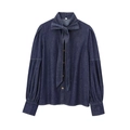 Donkerblauw denim overhemd met lange mouwen, strikkraag en vintage lantaarnmouwen - S / Blauw