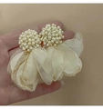 Detail of cream floral tassel earring featuring woven beads and translucent gauze petals - Creamy White Woven Artificial Pearl Ball Mesh Floral Style (10# Silver Earring Post - Beige)